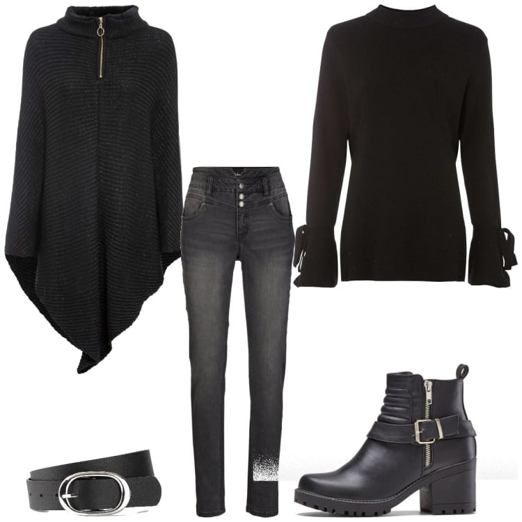 Outfit femme - Poncho noir. Style Basique pour Tous les jours. Assortir avec pulls, capes, bottes, jean slim, ceintures.