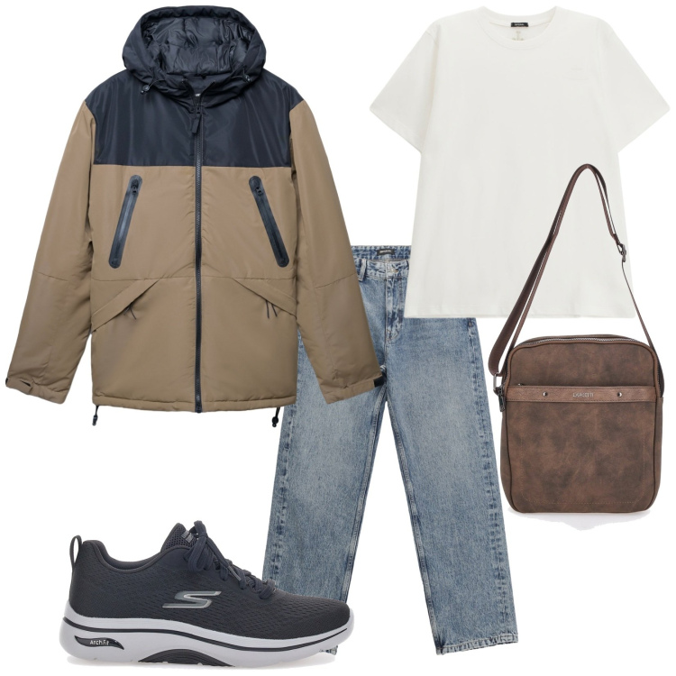 Outfit uomo - Total look #2260850. Stile Casual per Tutti i giorni. Abbinamento con bomber, jeans dritti, t-shirt, portafogli, sneakers.