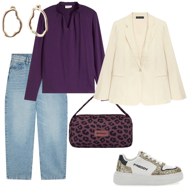 Outfit donna - Autunno a colori vivaci. per Serata fuori. Abbinamento con bluse, jeans, orecchini, borse a spalla, sneakers, blazer.