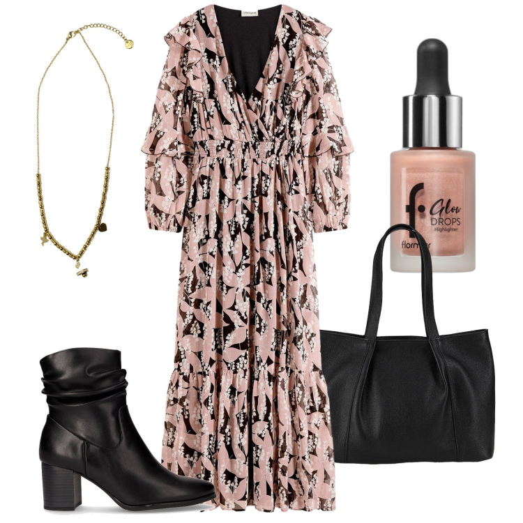 Outfit donna - Legno di rosa. Stile Romantica per Tutti i giorni. Abbinamento con shopping bag, vestiti, fondotinta, ciondoli, stivaletti.