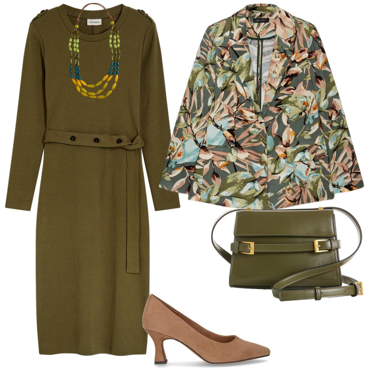 Outfit donna - Minimal autunnale. per Tutti i giorni. Abbinamento con vestiti midi/longuette, borse a tracolla, blazer, collane, décolleté.
