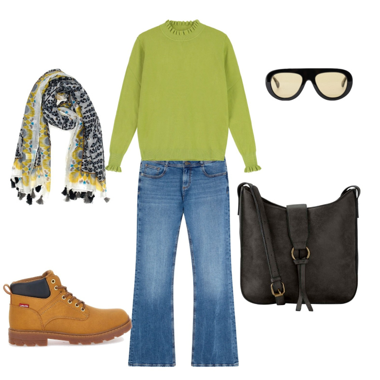 Outfit donna - Mai più ritardi. Stile Casual per Tutti i giorni. Abbinamento con borse a tracolla, jeans a zampa, occhiali da sole, maglieria, sciarpe, anfibi.