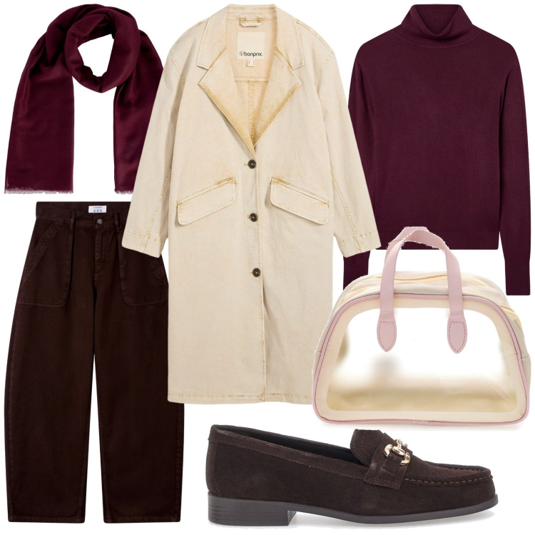 Outfit donna - Trench Season. Stile Minimal per Ufficio. Abbinamento con trench, maglieria, foulard, pantaloni, mocassini, valigie.