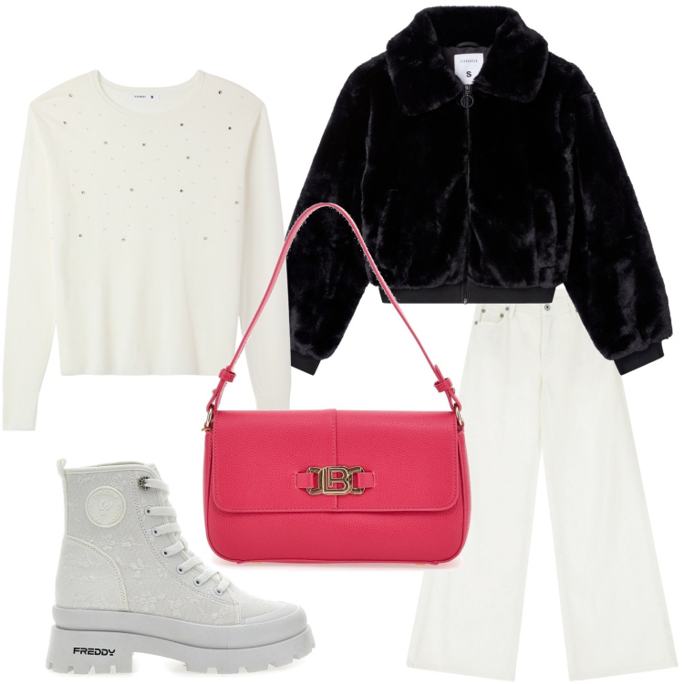 Outfit donna - L\'accessorio mini. Stile Minimal per Tutti i giorni. Abbinamento con maglieria, ecopellicce, pantaloni, borse a spalla, stivaletti.
