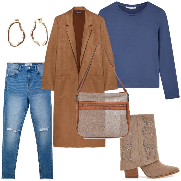 Outfit donna - Trench Season. Stile Basic per Ufficio. Abbinamento con t-shirt, jeans strappati, orecchini, stivali, trench, borse a tracolla.