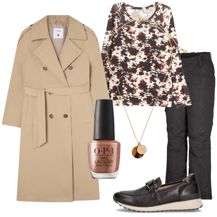 Outfit donna - Il trench lungo. Stile Trendy per Tutti i giorni. Abbinamento con pantaloni, smalti, trench, maglieria, collane, mocassini.