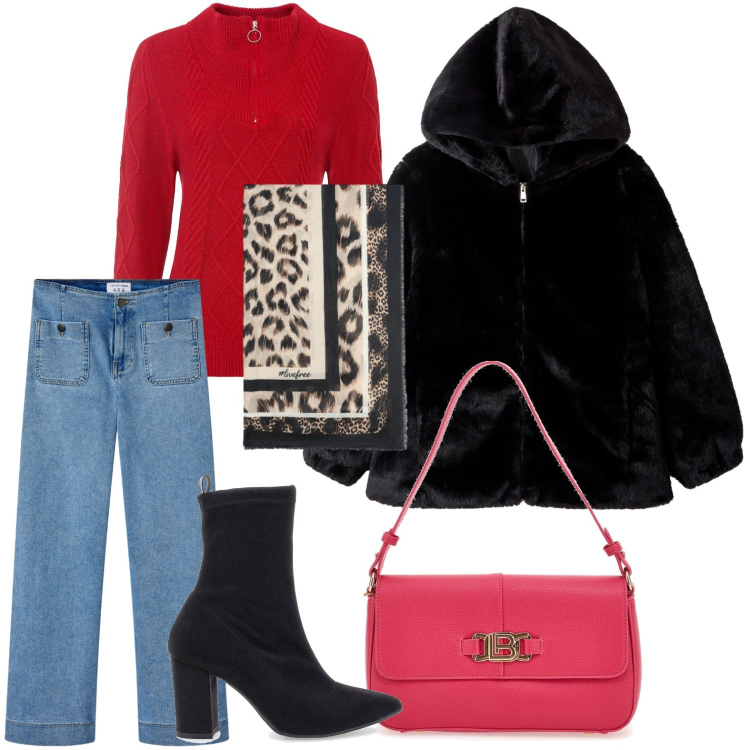 Outfit donna - Dettagli red. Stile Minimal per Ufficio. Abbinamento con maglieria, jeans, ecopellicce, stivaletti, borse a spalla, foulard.