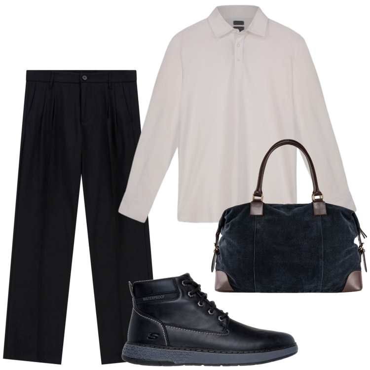 Outfit uomo - Total look #2260867. Stile Trendy per Ufficio. Abbinamento con pantaloni, polo, borse sportive, stivali e stivaletti.