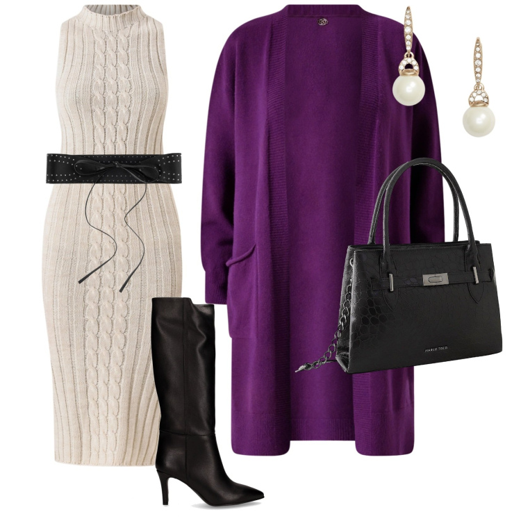 Outfit donna - Caffè con amiche. per Tutti i giorni. Abbinamento con borse a mano, cinture, cardigans, vestiti midi/longuette, orecchini, stivali.