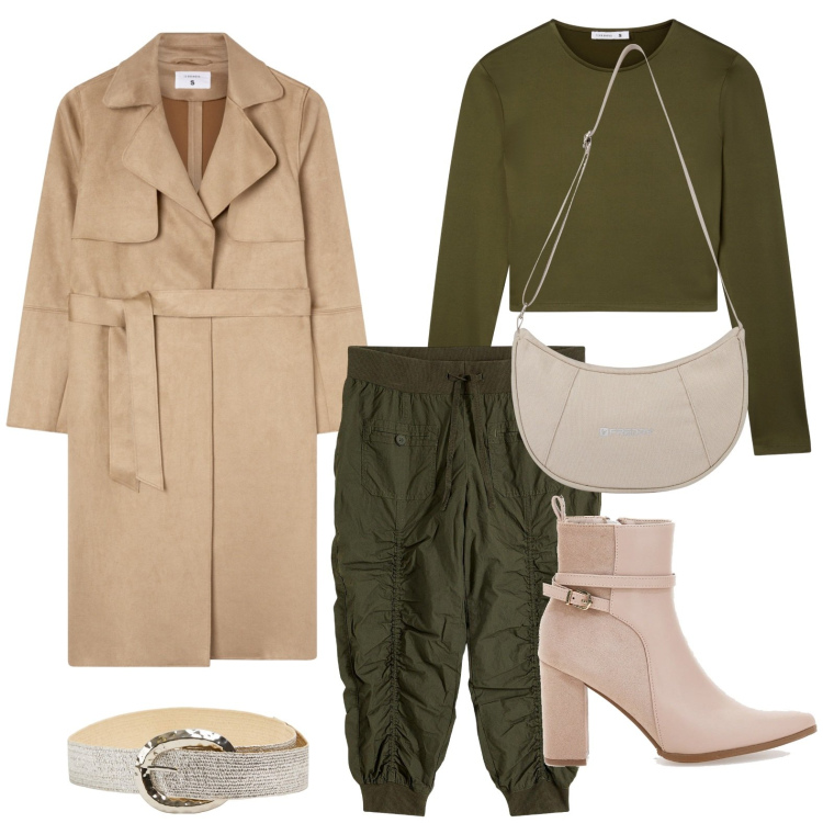 Outfit donna - Trench Season. Stile Military per Tutti i giorni. Abbinamento con pantaloni capri, cinture, trench, t-shirt, borse a spalla, stivaletti.