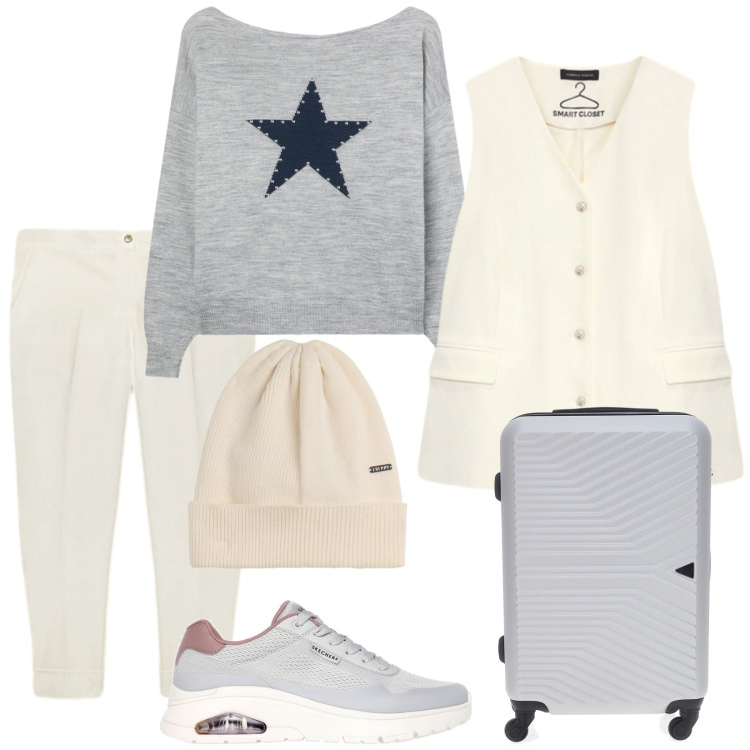 Outfit donna - Stella in viaggio. Stile Casual chic per Tutti i giorni. Abbinamento con maglieria, berretti, sneakers, valigie, pantaloni, gilet.