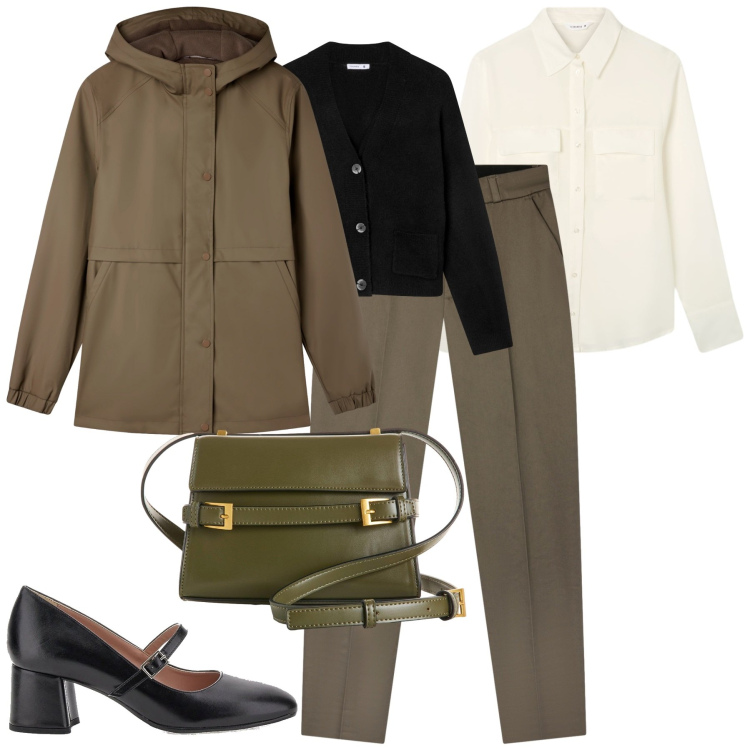 Outfit donna - City. Stile Urban per Tutti i giorni. Abbinamento con borse a tracolla, pantaloni chino, blazer, camicie, cardigans, décolleté.