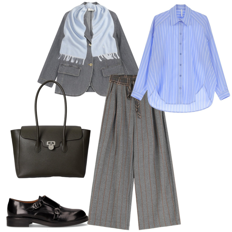 Outfit donna - Total look #2260875. Stile Casual chic per Ufficio. Abbinamento con blazer, pantaloni a palazzo, camicie, sciarpe, borse a mano, mocassini.