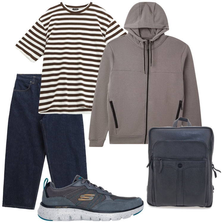 Outfit uomo - Passeggiata ottombrina. Stile Casual per Tutti i giorni. Abbinamento con felpe con cappuccio, t-shirt, jeans, borse sportive, sneakers.