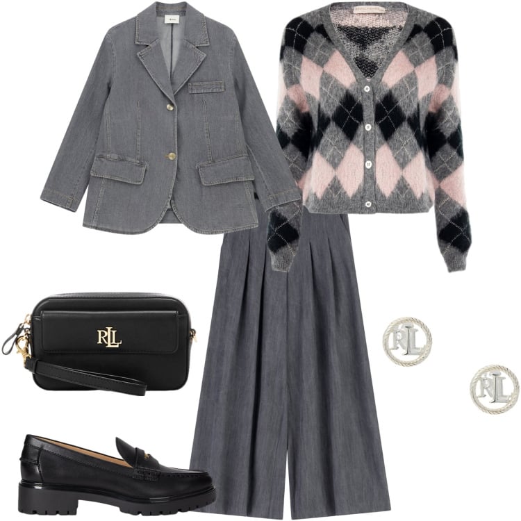 Outfit donna - Total look #2260879. Stile Bon Ton per Ufficio. Abbinamento con cardigans, pantaloni a palazzo, blazer, mocassini, pochette, orecchini.