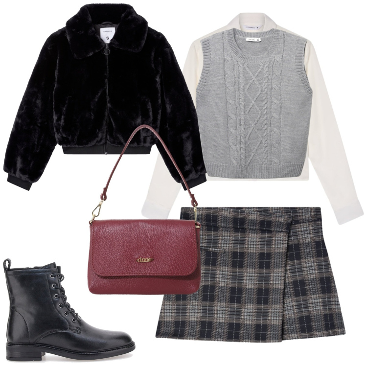 Outfit donna - Ottobre. Stile Urban per Tutti i giorni. Abbinamento con minigonne, camicie, maglieria, ecopellicce, borse a tracolla, anfibi.