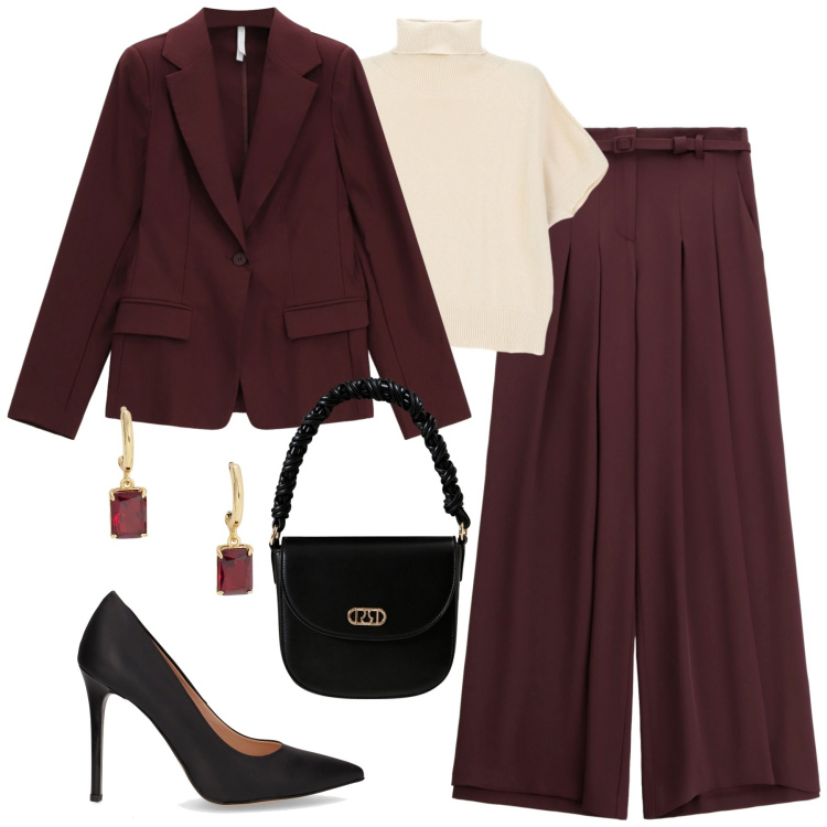 Outfit donna - Imperial. Stile Urban per Tutti i giorni. Abbinamento con borse a mano, pantaloni a palazzo, maglieria, blazer, orecchini, décolleté.