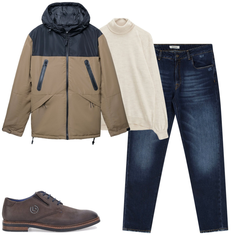 Outfit uomo - Ottobre. Stile Urban per Tutti i giorni. Abbinamento con bomber, maglieria, jeans dritti, scarpe stringate.