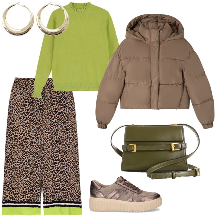 Outfit donna - Lime green. Stile Glamour per Ufficio. Abbinamento con borse a tracolla, bomber, orecchini, maglieria, pantaloni, sneakers.