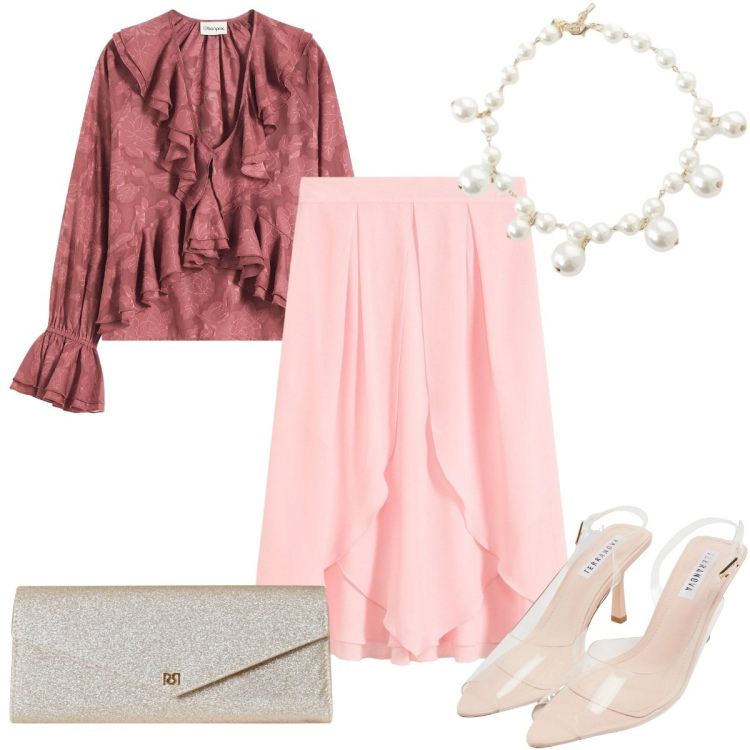 Outfit donna - Serata in rosa. Stile Romantica per Serata fuori. Abbinamento con bluse, gonne longuette, sandali col tacco, pochette, collane.