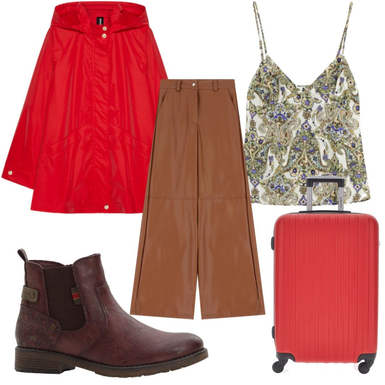Outfit donna - Autunno a colori vivaci: in rosso. Stile Trendy per Tutti i giorni. Abbinamento con stivaletti chelsea, top, pantaloni a palazzo, parka, valigie.