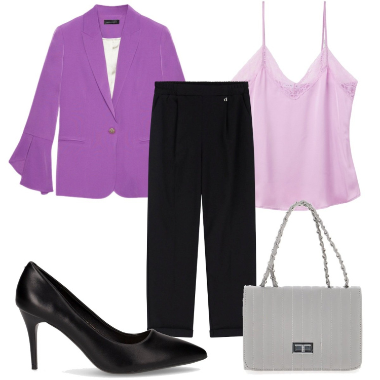 Outfit donna - Autunno a colori vivaci: un tocco di vio. Stile Trendy per Tutti i giorni. Abbinamento con top, pantaloni, blazer, borse a tracolla, décolleté.