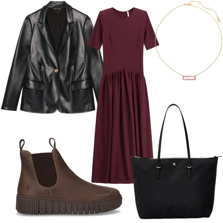 Outfit donna - Minimal autunnale : il vestito. Stile Minimal per Tutti i giorni. Abbinamento con vestiti lunghi, borse tote, collane, blazer, stivaletti chelsea.
