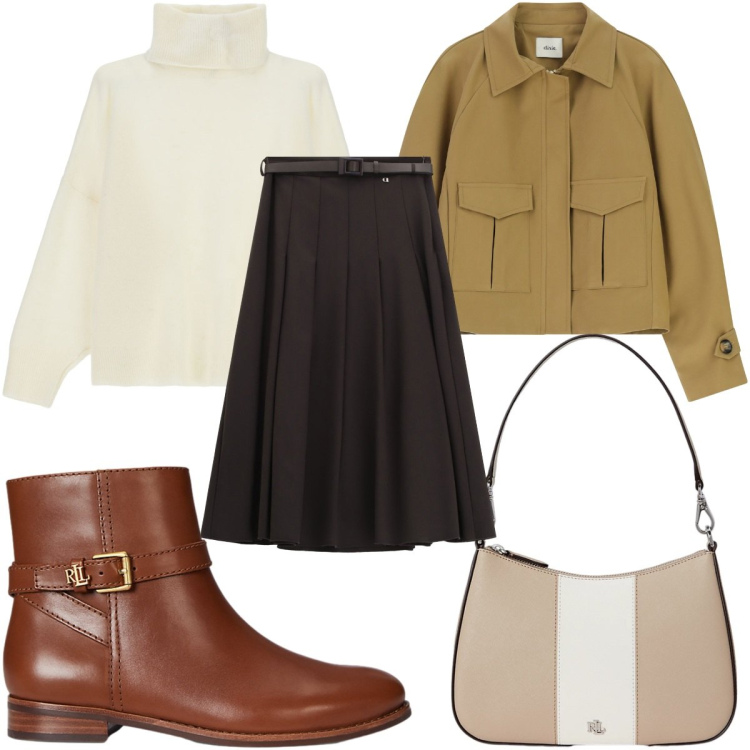 Outfit donna - Minimal autunnale: stivaletti. Stile Minimal per Tutti i giorni. Abbinamento con maglieria, bomber, gonne longuette, borse a spalla, stivaletti.