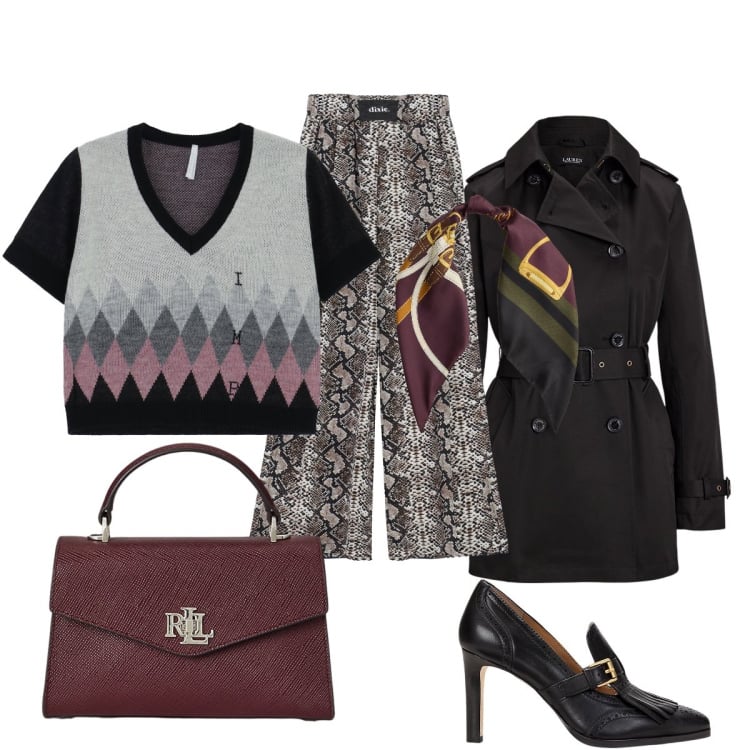 Outfit donna - Professionale ma chic. Stile Chic per Ufficio. Abbinamento con maglieria, pantaloni a palazzo, décolleté, borse a mano, foulard, trench.