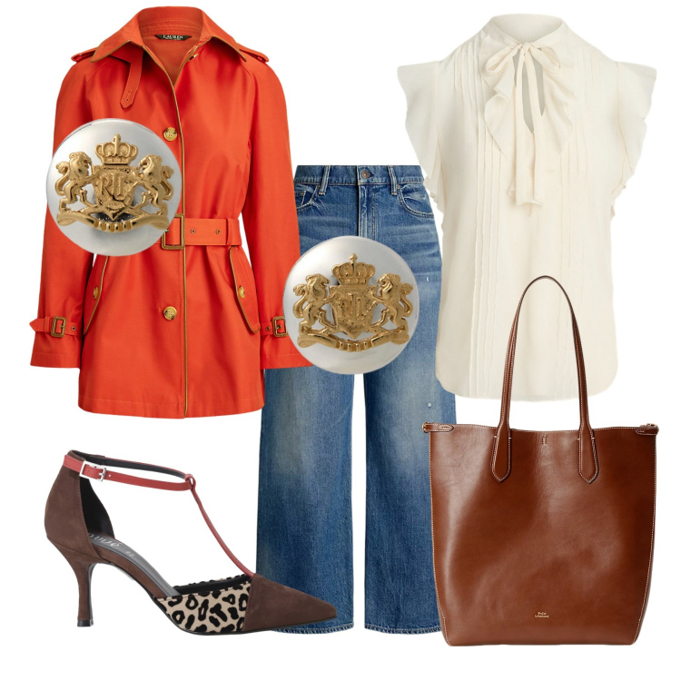 Outfit donna - Bella in trench. Stile Casual chic per Scuola/Università. Abbinamento con décolleté, orecchini, jeans, borse tote, camicie a manica corta, trench.