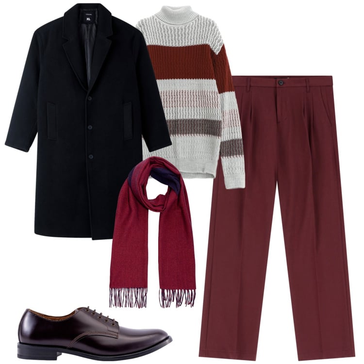 Outfit uomo - Ottobre. Stile Urban per Tutti i giorni. Abbinamento con cappotti, pantaloni, maglieria, scarpe stringate, sciarpe.