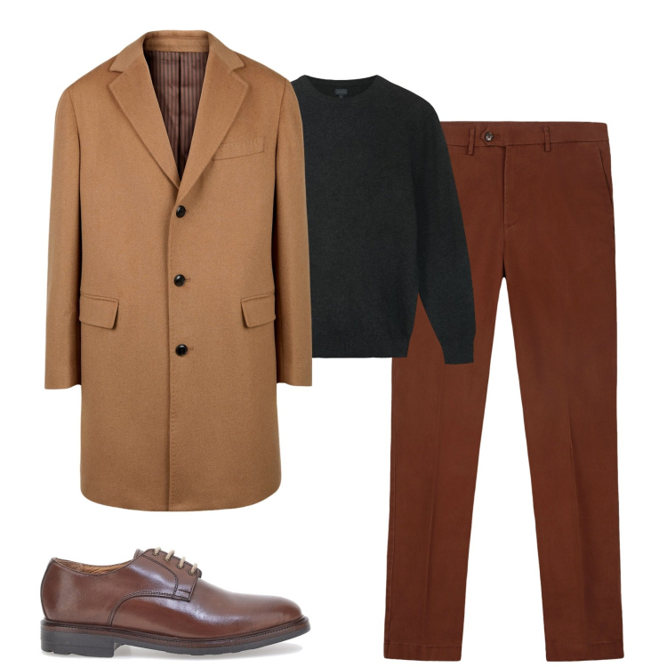 Outfit uomo - City. Stile Business/Elegante per Tutti i giorni. Abbinamento con scarpe stringate, cappotti, pantaloni chino, maglieria.