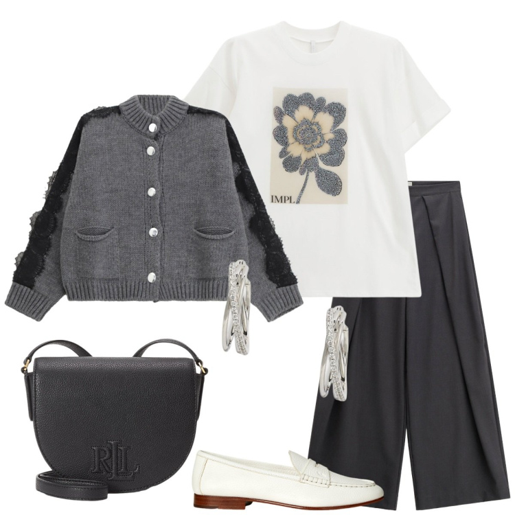 Outfit donna - Il cardigan giusto. Stile Basic per Serata fuori. Abbinamento con t-shirt, cardigans, pantaloni a palazzo, orecchini, mocassini, borse a tracolla.