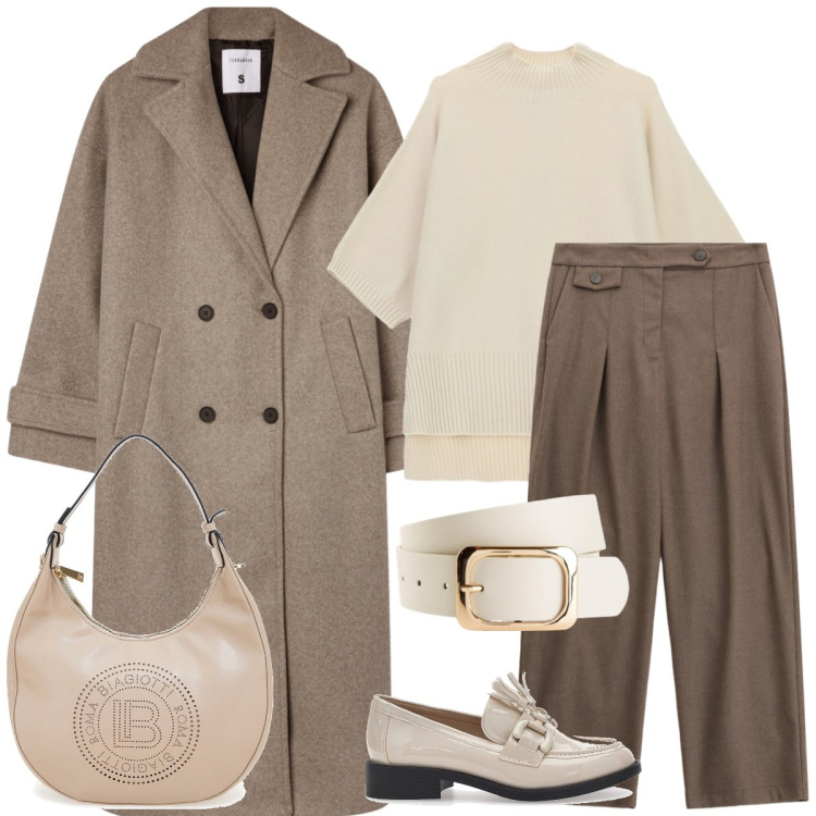 Outfit donna - Total look #2260911. Stile Minimal per Ufficio. Abbinamento con cinture, cappotti, pantaloni, maglieria, mocassini, borse a spalla.