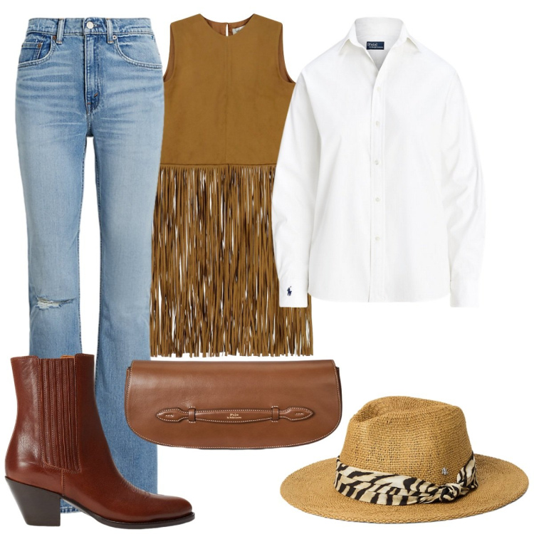 Outfit donna - Stile country. Stile Etnico per Tutti i giorni. Abbinamento con gilet, camicie, stivaletti texani, clutch, jeans, cappelli.