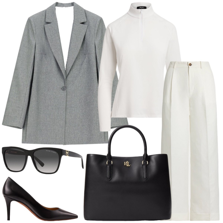Outfit donna - Total look #2260914. Stile Minimal per Ufficio. Abbinamento con blazer, pantaloni, occhiali da sole, borse a mano, décolleté, pullovers.