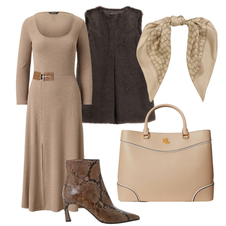 Outfit donna - Smanicato pelliccioso. Stile Basic per Serata fuori. Abbinamento con gilet, stivaletti, borse a mano, foulard, vestiti.