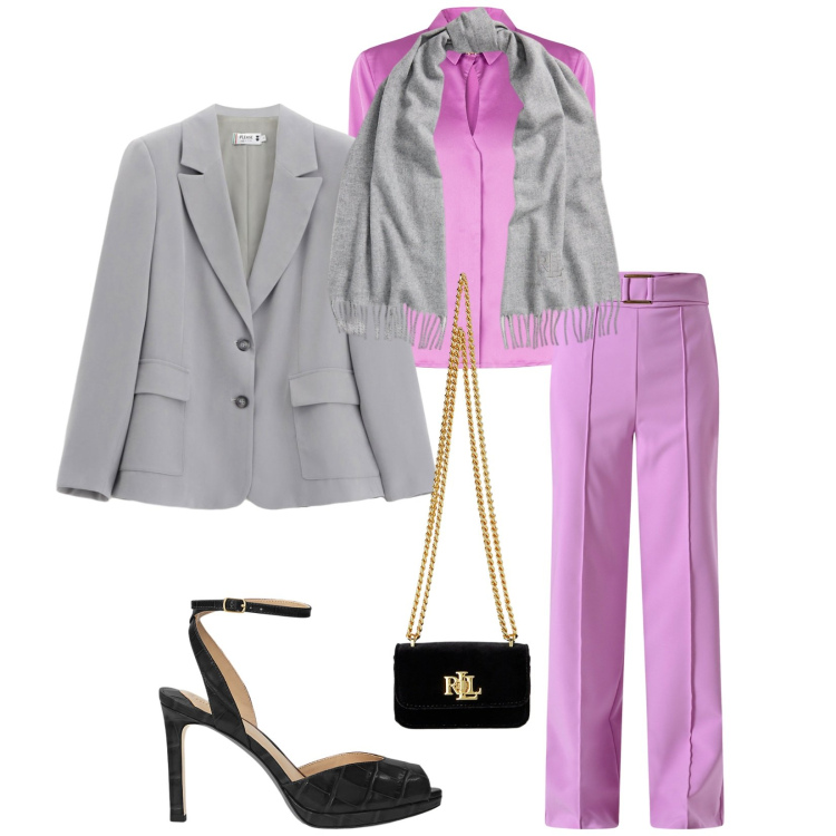 Outfit donna - Total look #2260919. Stile Chic per Cerimonia. Abbinamento con blazer, camicie, pantaloni, sciarpe, sandali in pelle, pochette.
