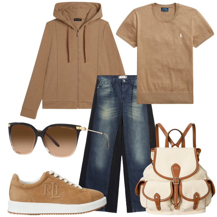 Outfit donna - Total look #2260920. Stile Casual per Tutti i giorni. Abbinamento con jeans a zampa, felpe con cappuccio, occhiali da sole, zaini, sneakers, maglieria.