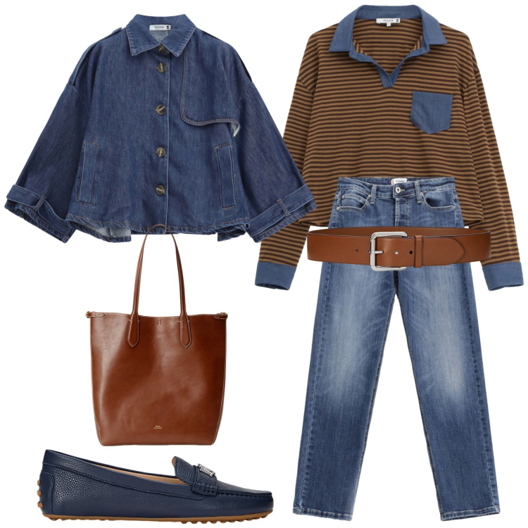 Outfit donna - Total look #2260922. Stile Casual per Tutti i giorni. Abbinamento con jeans, t-shirt, blazer, mocassini, cinture, borse tote.