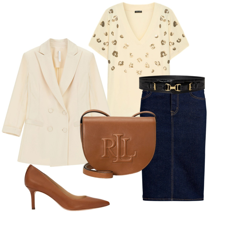 Outfit donna - Total look #2260924. Stile Bon Ton per Ufficio. Abbinamento con blazer, gonne, borse a tracolla, décolleté, cinture, t-shirt.