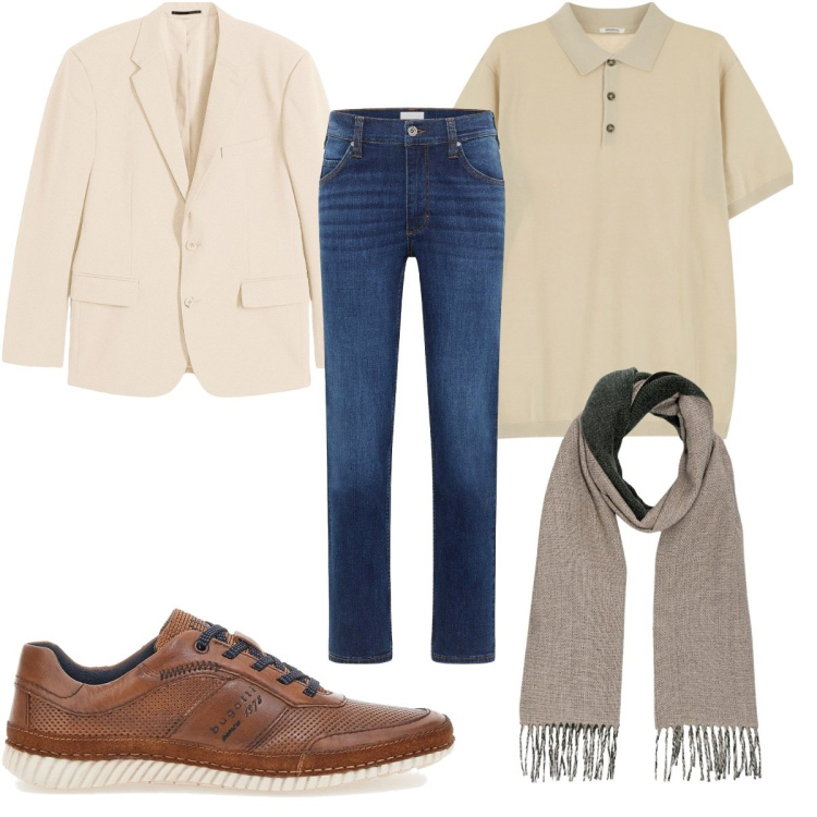 Outfit uomo - Minimal in jeans. Stile Trendy per Tutti i giorni. Abbinamento con giacche, jeans dritti, polo, scarpe stringate, sciarpe.