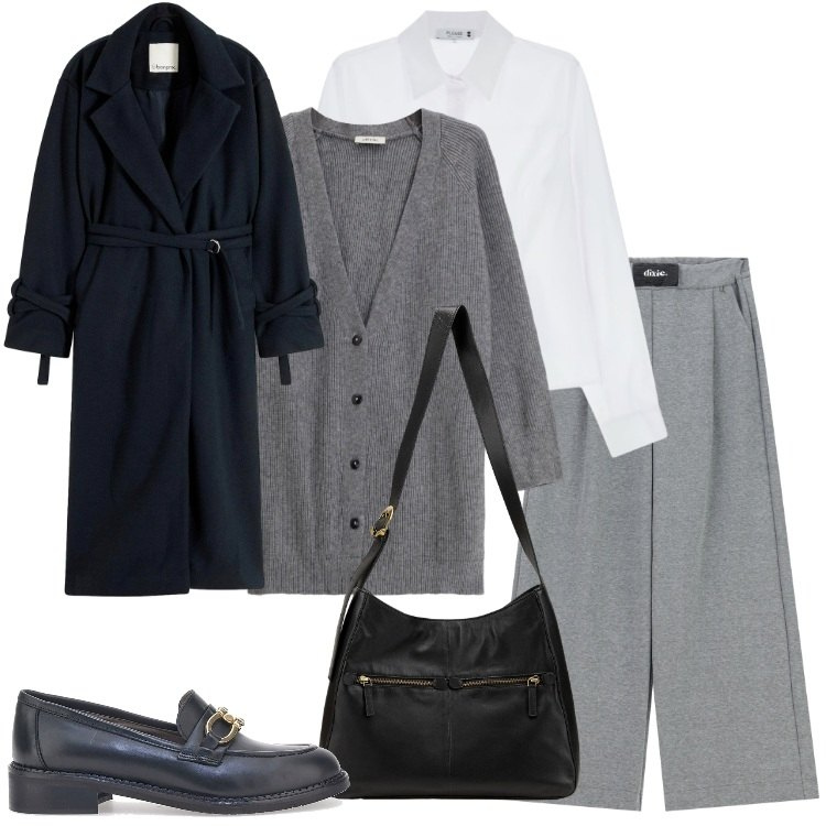 Outfit donna - Minimal autunnale. Stile Minimal per Ufficio. Abbinamento con borse a mano, cappotti, camicie, pantaloni a palazzo, cardigans, mocassini.
