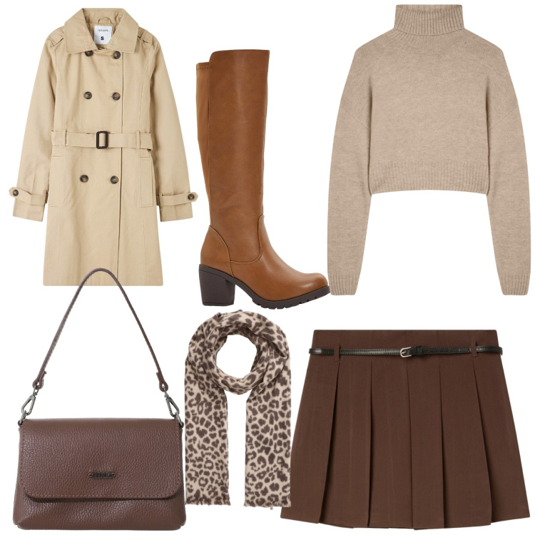 Outfit donna - Trench evergreen. Stile Casual chic per Tutti i giorni. Abbinamento con stivali, minigonne, sciarpe, maglieria, trench, borse a tracolla.