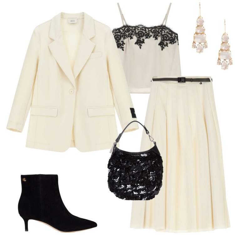 Outfit donna - Atmosfere romantiche. Stile Romantica per Serata fuori. Abbinamento con blazer, gonne longuette, top, stivaletti, orecchini, pochette.