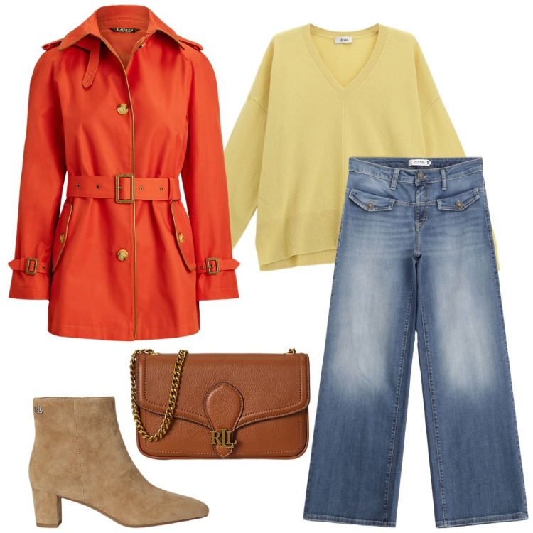 Outfit donna - Autunno a colori vivaci. Stile Urban per Tutti i giorni. Abbinamento con jeans, maglieria, trench, clutch, stivaletti.