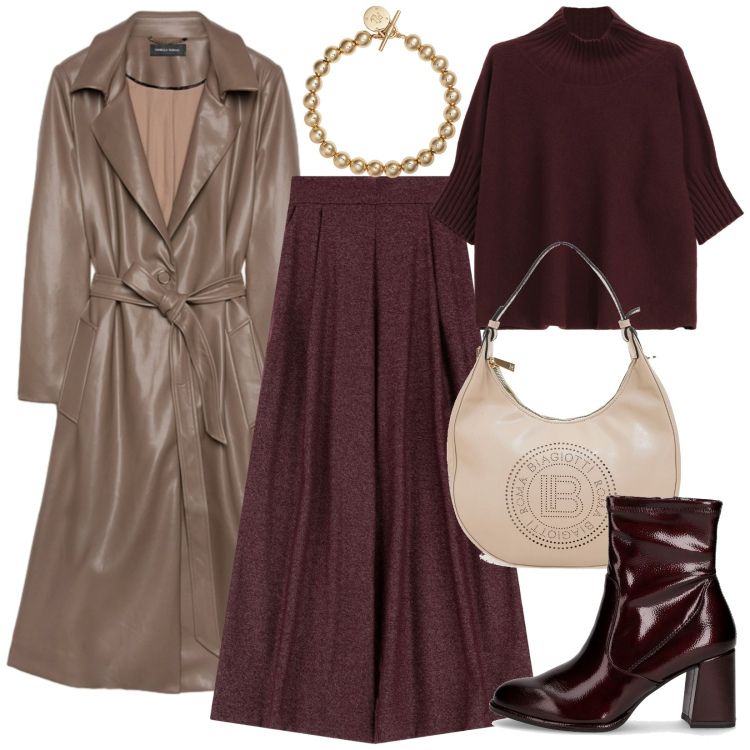 Outfit donna - Tendenze d\'autunno. Stile Minimal per Tutti i giorni. Abbinamento con pantaloni a palazzo, maglieria, braccialetti, borse a spalla, trench, stivaletti.