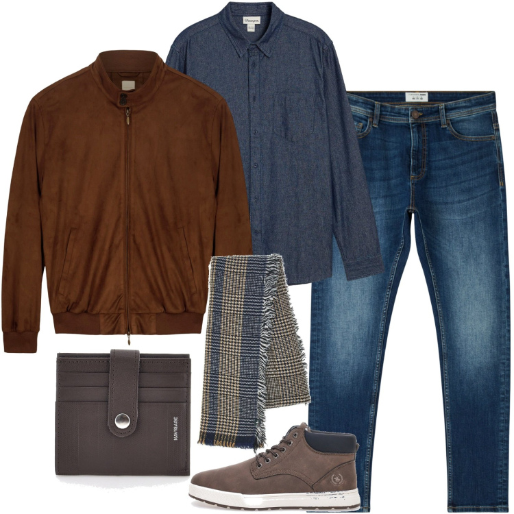Outfit uomo - Sciarpa elegante Pied de Poule Blu/beige. Stile Trendy per Tutti i giorni. Abbinamento con camicie, jeans skinny, sciarpe, giacche, portafogli, stivali e stivaletti.