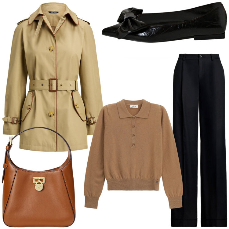 Outfit donna - Quiet luxury. Stile Chic per Tutti i giorni. Abbinamento con pullovers, ballerine, borse a tracolla, pantaloni, trench.