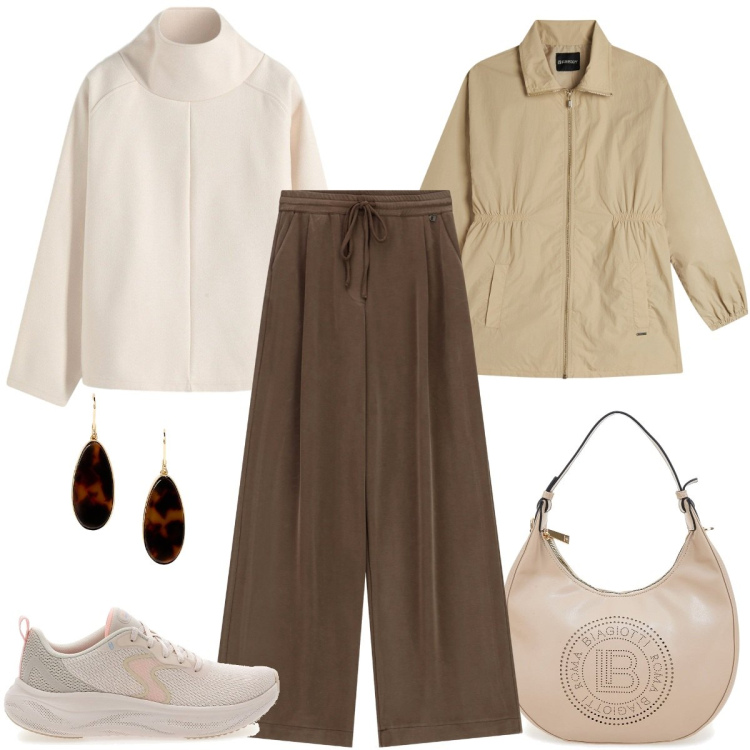 Outfit donna - Minimal autunnale. Stile Minimal per Ufficio. Abbinamento con maglieria, pantaloni a palazzo, parka, orecchini, sneakers, borse a spalla.